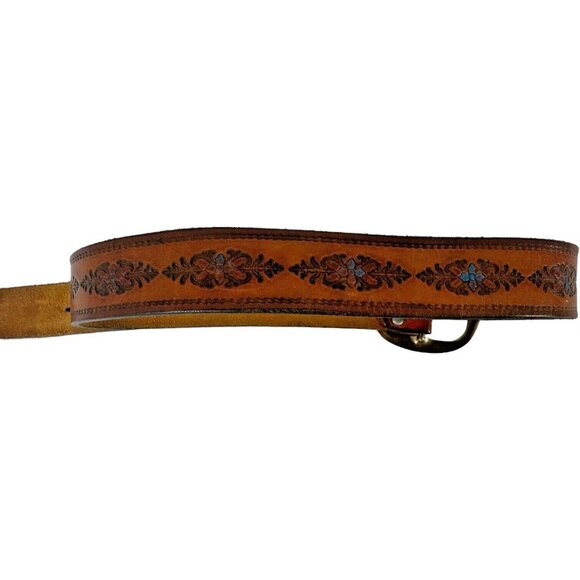 Vintage 70s Tooled Leather Womens Size 32 BELT Blue Floral Brass Buckle Hip Boho - Picture 8 of 11